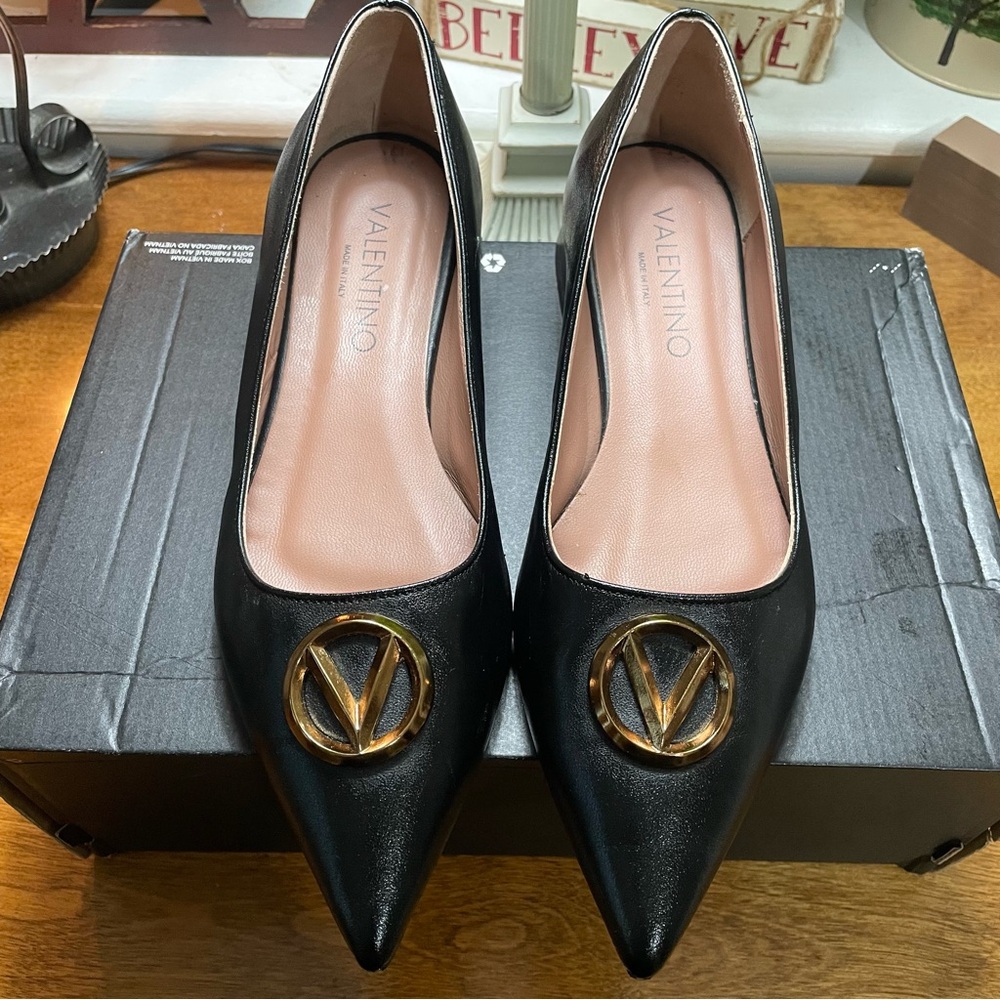 Valentino Black Leather Pumps with Gold Accent